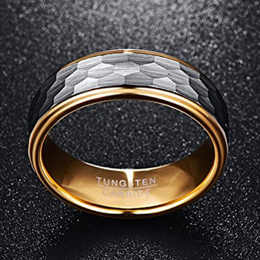 8MM Wide Silver Gray Frosted Hexagonal Gold-plated Inner Ring Tungsten Ring